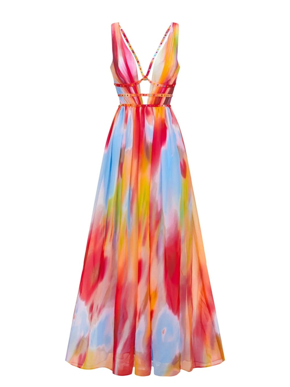 Multicolor Watercolor V-Neck Elegant Maxi Dress